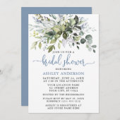Invitation Aquarelle Verdure Dusty Blue Script Douche (Devant / Derrière)