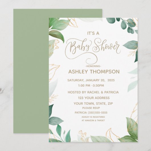 Invitation Aquarelle Verdure et Baby shower Or (Devant / Derrière)