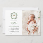 Invitation Aquarelle Verdure et Croix d'or | Photo Baptême (Devant)