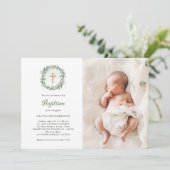 Invitation Aquarelle Verdure et Croix d'or | Photo Baptême (Debout devant)