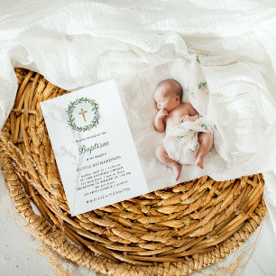 Invitation Aquarelle Verdure et Croix d'or   Photo Baptême