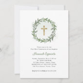 Invitation Aquarelle Verdure et Croix d'or Première communion (Devant)