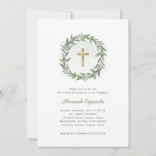 Invitation Aquarelle Verdure et Croix d'or Première communion (Devant)
