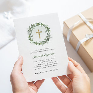 Invitation Aquarelle Verdure et Croix d'or Première communion
