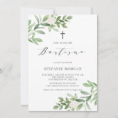 Invitation Aquarelle Verdure et fleurs blanches Bautismo (Devant)