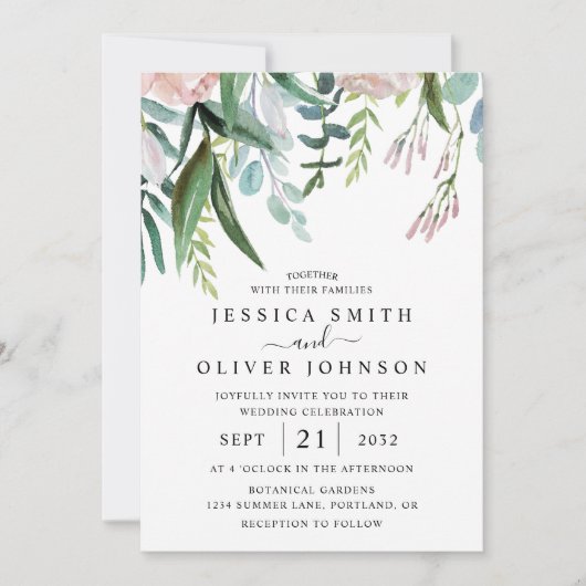 Invitation Aquarelle Verdure et Fleurs Tout en un Mariage (Devant)