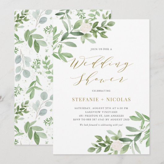 Invitation Aquarelle Verdure et Fleurs Wedding shower (Devant / Derrière)
