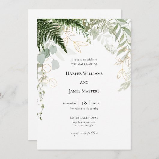 Invitation Aquarelle Verdure et Mariage or (Devant / Derrière)