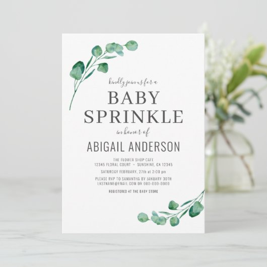Invitation Aquarelle Verdure Eucalyptus Baby Sprinkel (Debout devant)