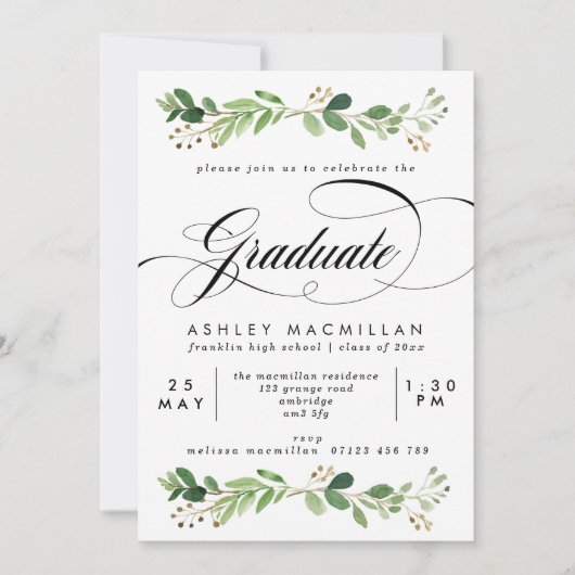 Invitation Aquarelle Verdure Eucalyptus Graduation Party (Devant)