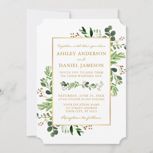 Invitation Aquarelle Verdure Eucalyptus Mariage or (Devant)
