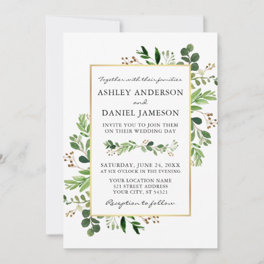 Invitation Aquarelle Verdure Eucalyptus Mariage or (Devant)