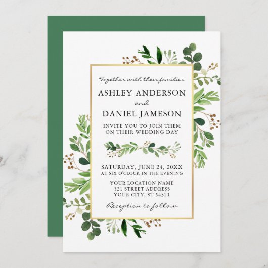 Invitation Aquarelle Verdure Eucalyptus Mariage or (Devant / Derrière)