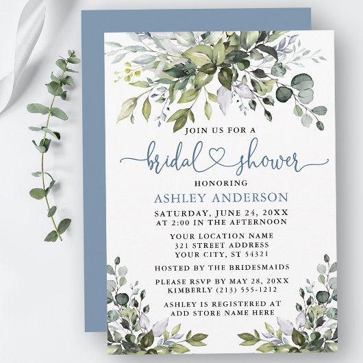 Invitation Aquarelle Verdure Fête des mariées Dusty Blue Hear