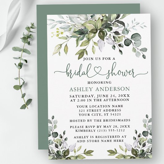 Invitation Aquarelle Verdure Fête des mariées Sage Vert Coeur