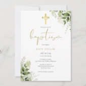 Invitation Aquarelle Verdure Feuillage floral Or Baptême (Devant)