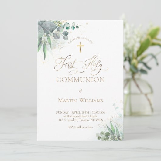 Invitation aquarelle verdure feuillage | Première communion (Debout devant)