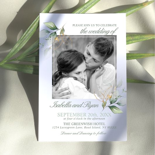 Invitation Aquarelle Verdure Feuille Gold PHOTO Mariage