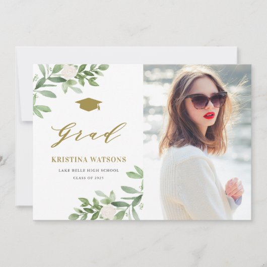 Invitation Aquarelle Verdure Fleurs blanches Graduation (Devant)