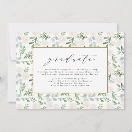 Invitation Aquarelle Verdure Fleurs blanches Graduation (Dos)