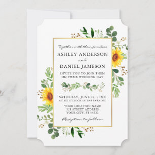 Invitation Aquarelle Verdure Fleurs de soleil Mariage Or