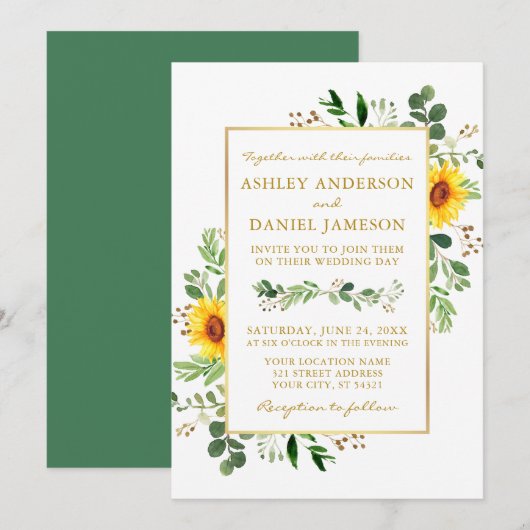 Invitation Aquarelle Verdure Fleurs de soleil Mariage Or (Devant / Derrière)