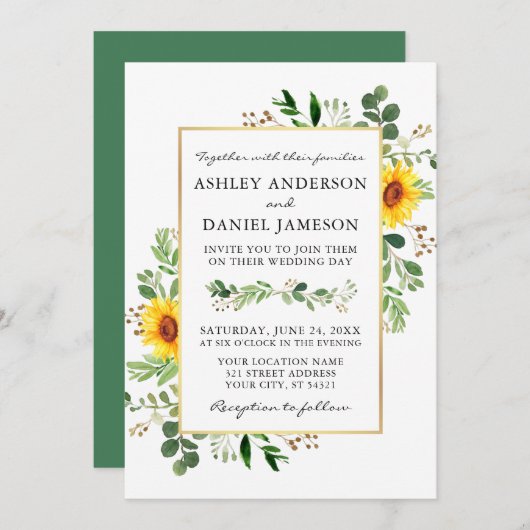 Invitation Aquarelle Verdure Fleurs de soleil Mariage or (Devant / Derrière)