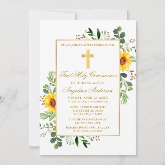 Invitation Aquarelle Verdure Fleurs de soleil Première commun (Devant)