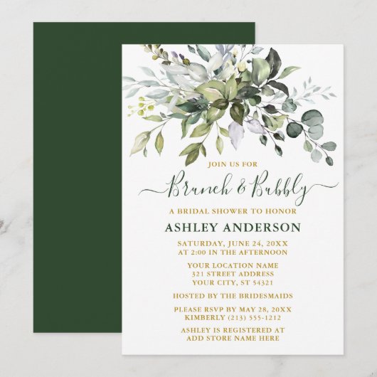 Invitation Aquarelle Verdure Gold Bridal Brunch Bubbly (Devant / Derrière)