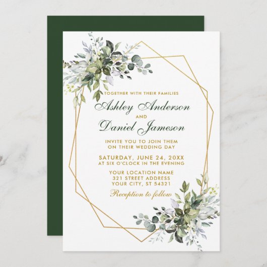 Invitation Aquarelle Verdure Gold Geo Mariage de cadre (Devant / Derrière)