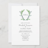 Invitation Aquarelle Verdure Laurel Crest Monogramme Mariage (Devant)