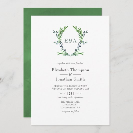 Invitation Aquarelle Verdure Laurel Crest Monogramme Mariage (Devant / Derrière)