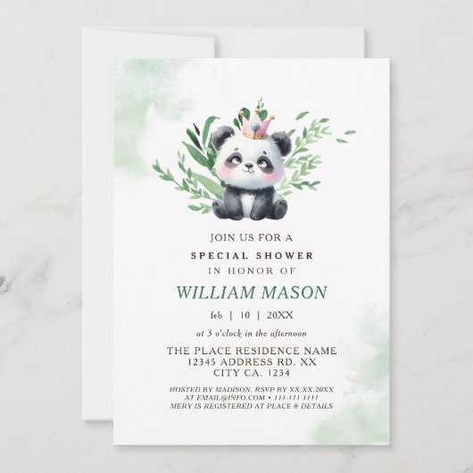 Invitation Aquarelle Verdure mignonne Panda Baby Boy Douche (Devant)