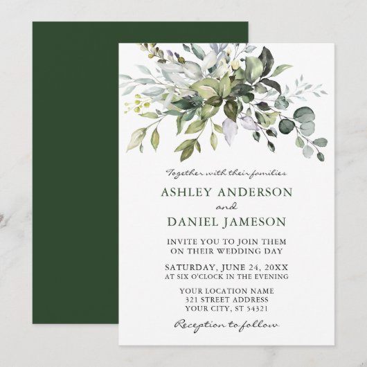 Invitation Aquarelle Verdure Moderne Mariage élégant (Devant / Derrière)