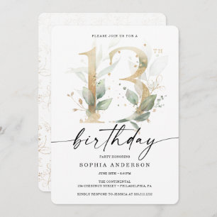 Invitation Aquarelle Verdure Or 13e fête d'anniversaire