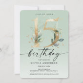 Invitation Aquarelle Verdure Or 15e anniversaire fête Invit (Devant)
