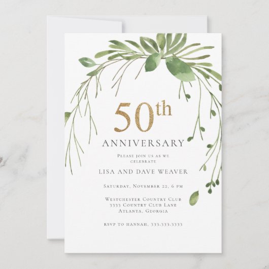 Invitation Aquarelle Verdure Or 50e anniversaire (Devant)
