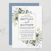 Invitation Aquarelle Verdure Or Frame Dusty Blue Mariage (Devant / Derrière)