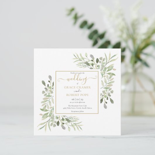 Invitation Aquarelle Verdure Or Mariage de script géométrique (Debout devant)