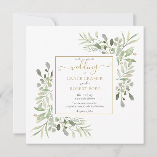 Invitation Aquarelle Verdure Or Mariage de script géométrique (Devant)