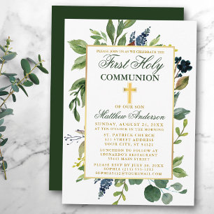 Invitation Aquarelle Verdure Or Première Communion sainte