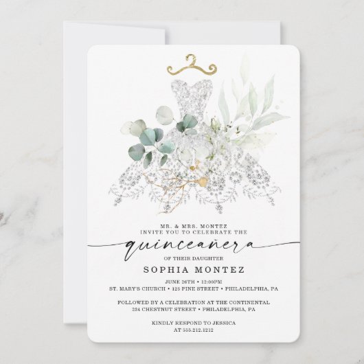 Invitation Aquarelle Verdure Or Quinceañera Anniversaire (Devant)