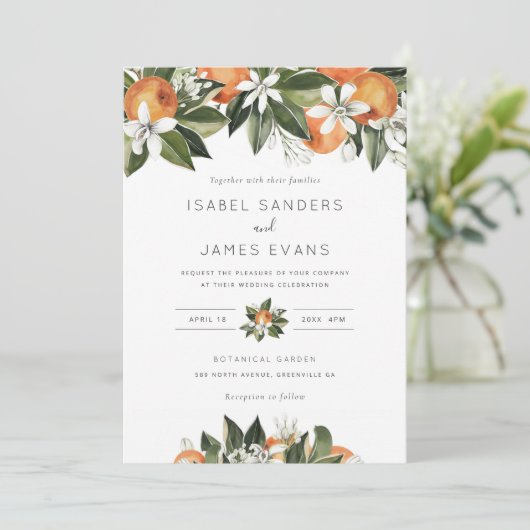 Invitation Aquarelle Verdure Orange Blossom Mariage moderne (Debout devant)