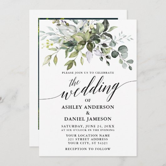 Invitation Aquarelle Verdure Photo Calligraphie Mariage (Devant / Derrière)