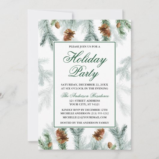 Invitation Aquarelle Verdure Pine Cône Fête de Vacances (Devant)