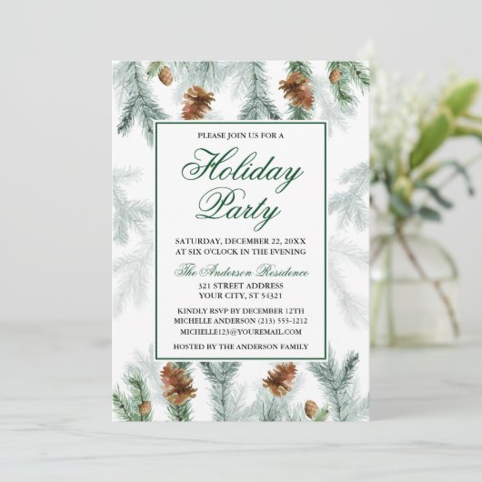 Invitation Aquarelle Verdure Pine Cône Fête de Vacances (Debout devant)