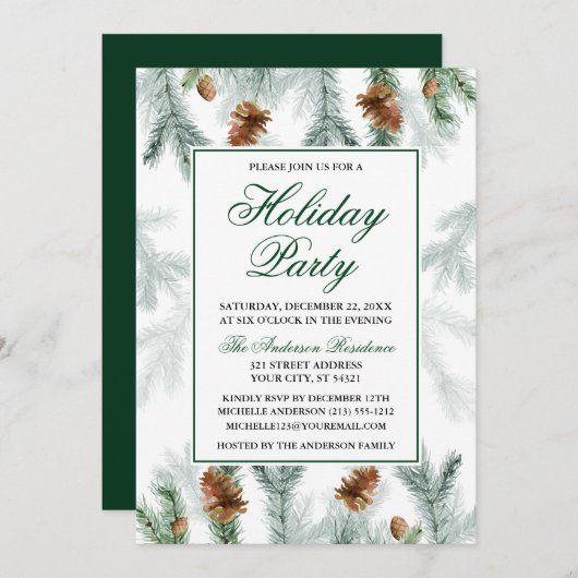 Invitation Aquarelle Verdure Pine Cône Fête de Vacances (Devant / Derrière)