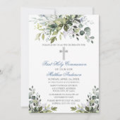 Invitation Aquarelle Verdure Première communion Dusty Blue (Devant)