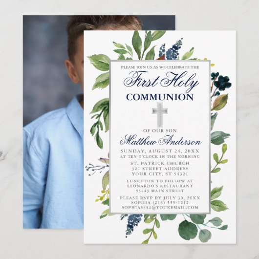 Invitation Aquarelle Verdure Première Sainte Communion Photo (Devant / Derrière)