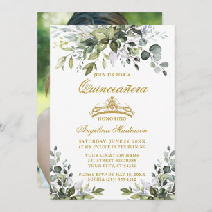 Invitation Aquarelle Verdure Quinceañera Gold Photo Retour